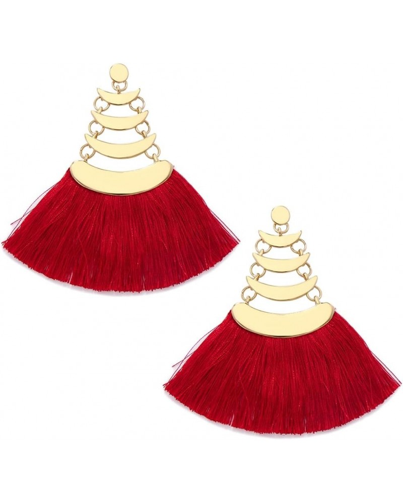 Bohemian Tassel Earrings with Teardrop-Shaped Metal Hooks Boho Statement Thread Dangle Earrings for Women Girls Red $8.83 Ear...