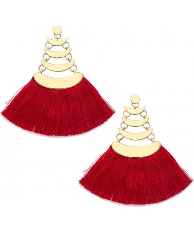 Bohemian Tassel Earrings with Teardrop-Shaped Metal Hooks Boho Statement Thread Dangle Earrings for Women Girls Red $8.83 Ear...