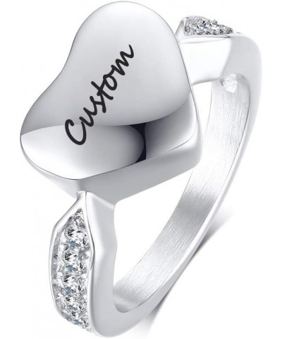 Personalized Stainless Steel Heart Shaped Cubic Zirconia Openable Cremation Urn Ash Ring Band for Women,Keepsake Jewelry Engr...