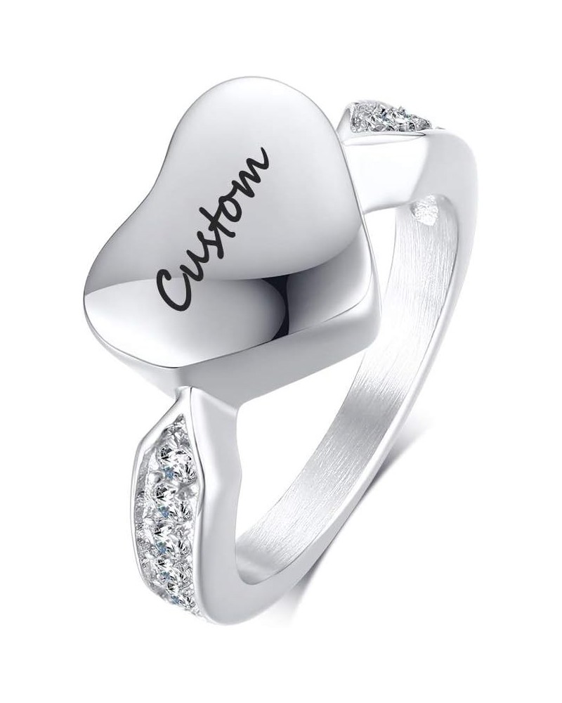 Personalized Stainless Steel Heart Shaped Cubic Zirconia Openable Cremation Urn Ash Ring Band for Women,Keepsake Jewelry Engr...