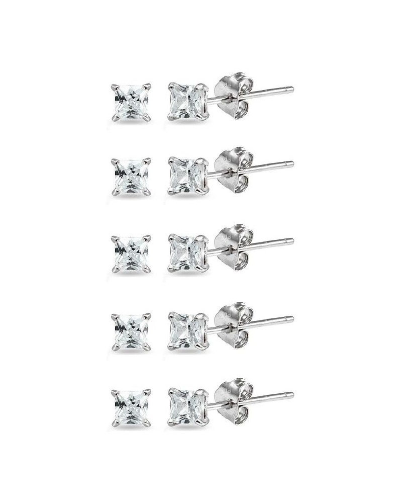 Sterling Silver Tiny 2mm Princess-Cut Square CZ Cartilage Piercing Stud Earrings Jewelry Set for Women Girls Men 5 Pairs - Si...