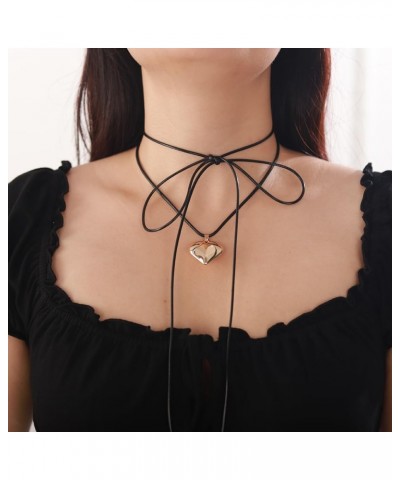 Gothic Black Velvet Leather Necklace Long Layered Wrap Suede Bow Choker Necklace Vintage Pearl Beaded Love Heart Pendant Neck...