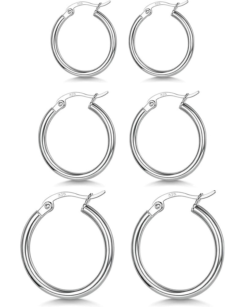 3 Pairs 925 Sterling Silver Hoop Earrings | Small White Gold Plated Hoop Earrings for Women Girls (13mm,15mm,20mm，25mm,30mm,4...