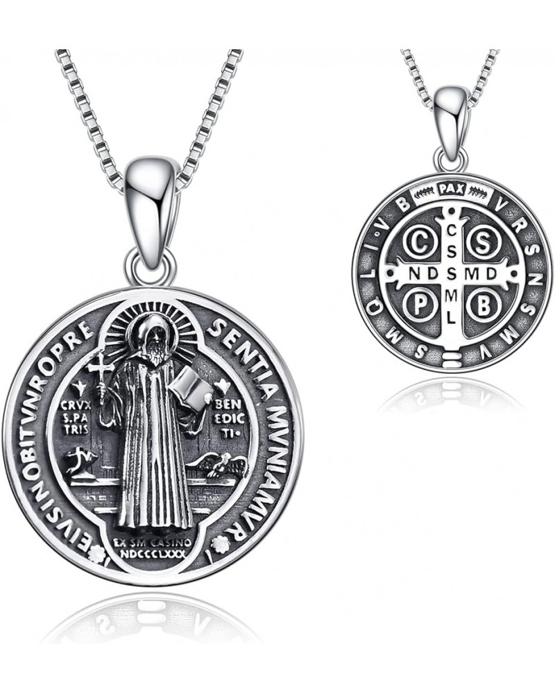 Saint Benedict Medals Necklace Sterling Silver Cross Protection Pendant Christian Jewelry Gifts for Women Men Saint Benedict ...