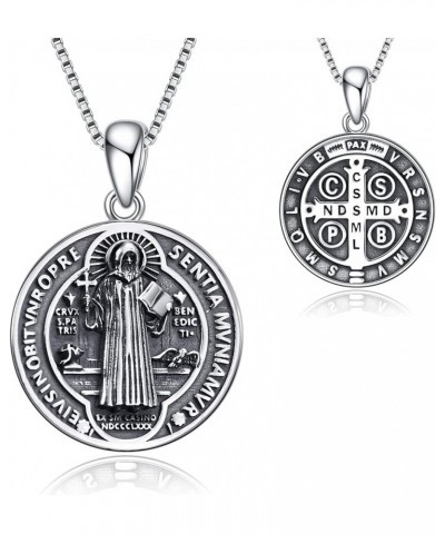 Saint Benedict Medals Necklace Sterling Silver Cross Protection Pendant Christian Jewelry Gifts for Women Men Saint Benedict ...