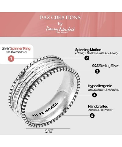 Paz Creations Women's 925 Sterling Silver Spinner Ring - Sturdy Band Ring With Three Spinners - Statement Fidget Ring - Boho ...