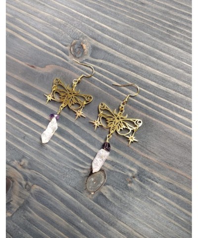 Celestial Moth Butterfly Dangle Earrings with Amethyst and Clear Quartz Gemstones Witchy Wiccan Fairy Earrings Cottage Cottag...