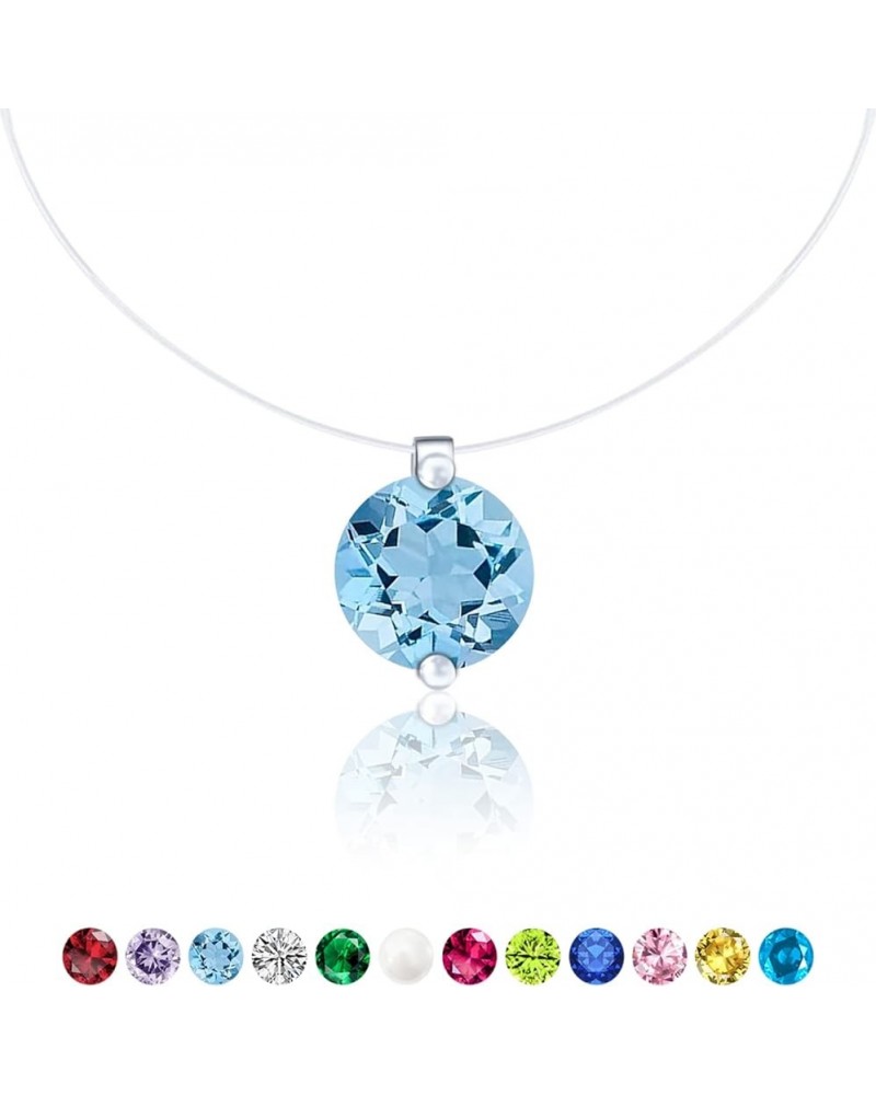 Birthstone Necklace 925 Silver x Cubic Zirconia Solitaire Pendant & Clear Chocker Chain Gift Valentine's Day 03. March - Aqua...