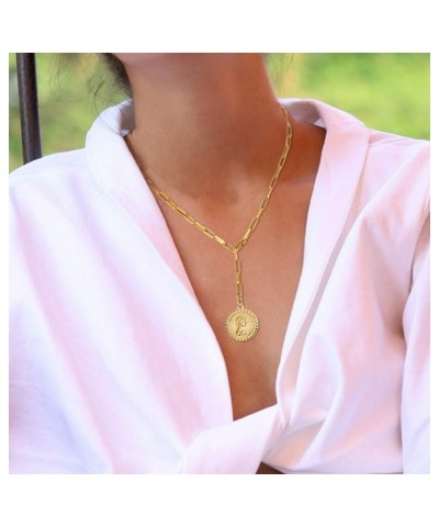 Necklace for Women Coin Pendant 18K Gold Plated Queen of England Handmade Lariat Y Copper Jewelry Elizabeth Coin Necklace 20 ...