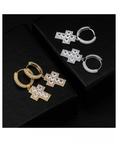 Cross Hoop Dangle Earrings 925 Sterling Silver 5A+ Cubic Zirconia 14K Gold Hypoallergenic Cross Hoop Cuff Huggie Drop Earring...