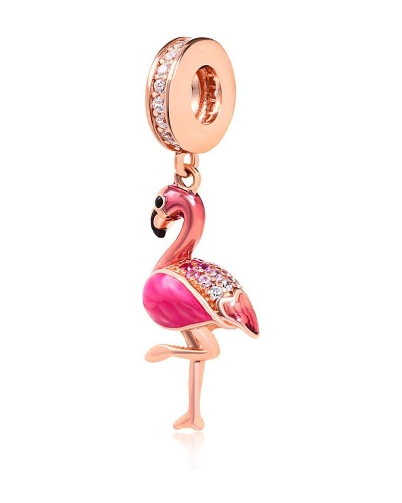 ARTCHARM Flamingo Dangle Animal Charm 925 Sterling Silver CZ Stone Beads Pendant Charm 3mm Snake Chain Bracelets Color_1 $8.9...