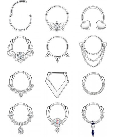 16G Septum Rings Surgical Steel Hinged Nose Rings Hoop CZ Horseshoe Cartilage Helix Tragus Daith Piercing Jewelry Bright Silv...