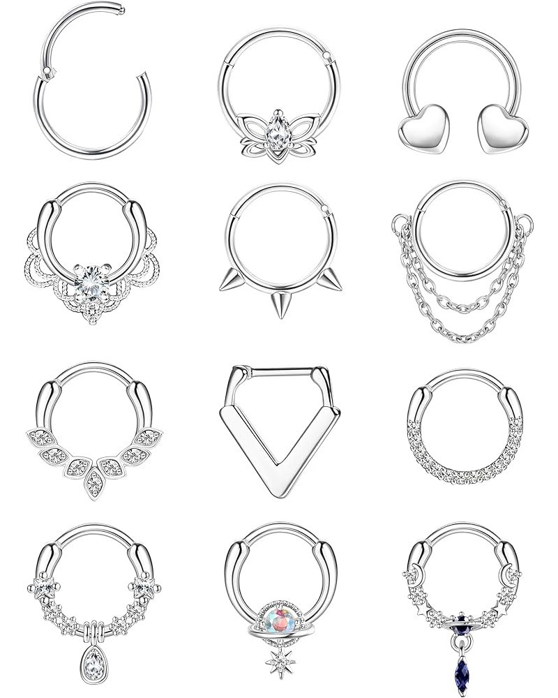 16G Septum Rings Surgical Steel Hinged Nose Rings Hoop CZ Horseshoe Cartilage Helix Tragus Daith Piercing Jewelry Bright Silv...