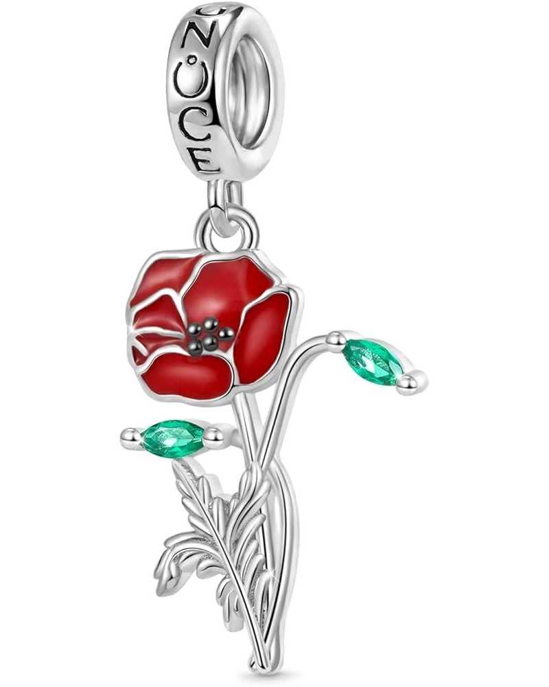 White Narcissus Flower Pendant Dangle Charm 925 Sterling Silver Red Poppy Flower Charms Fit Snake Chain Bracelets/Necklace Je...