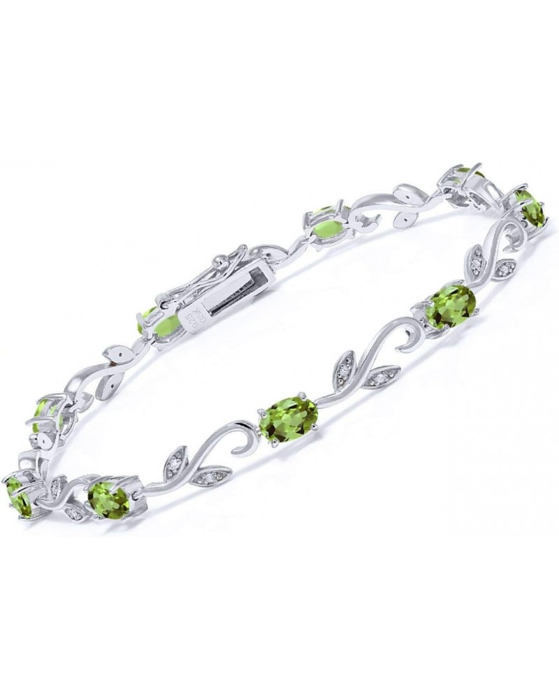 925 Sterling Silver Oval Green Peridot and Diamond Greek Vine Tennis Bracelet For Women (4.63 Cttw, Gemstone Birthstone, 7 In...