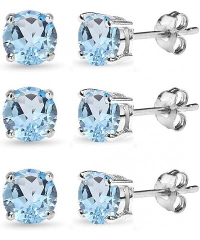 Sterling Silver Round-Cut Solitaire Blue Topaz Stud Earrings for Women Girls 6mm / 3 Pairs $12.09 Earrings