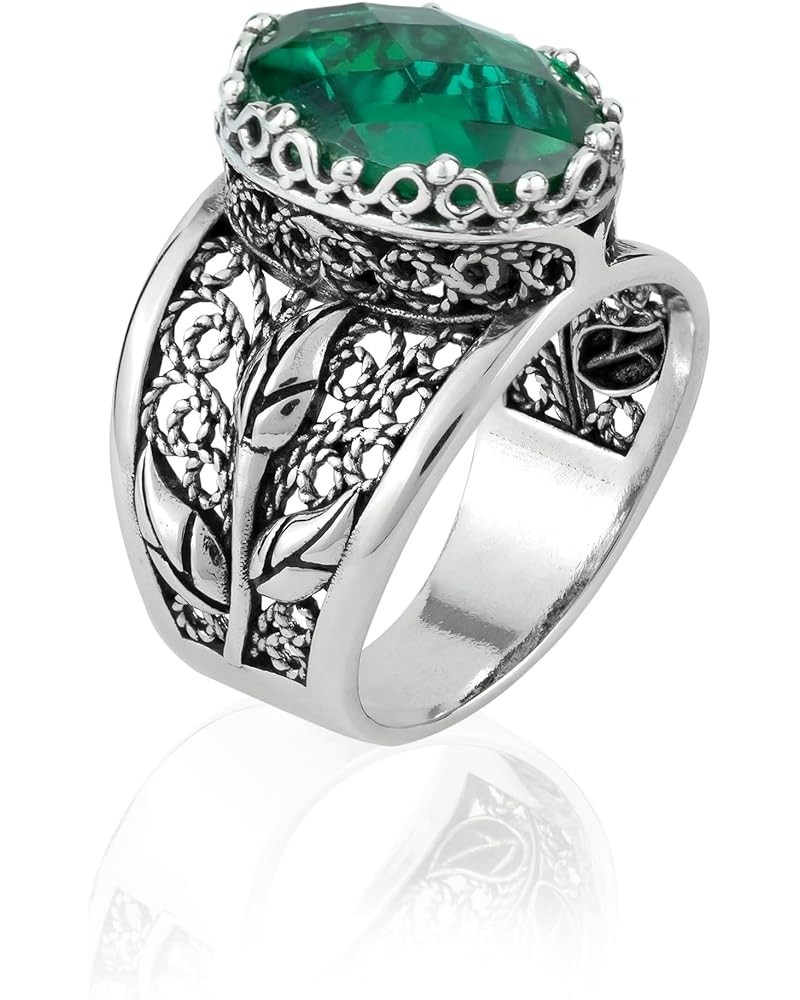 925 Sterling Silver Filigree Art Lace Embroidery Tulip Detailed Gemstone Women Cocktail Ring, Luxurious Gift Boxed Emerald $3...