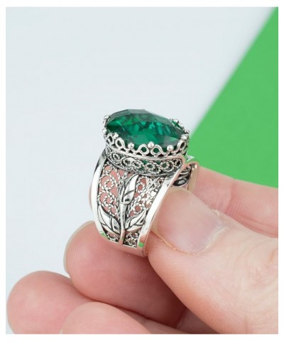 925 Sterling Silver Filigree Art Lace Embroidery Tulip Detailed Gemstone Women Cocktail Ring, Luxurious Gift Boxed Emerald $3...