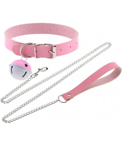 Multicolor PU Simulated Leather Bell Collar Choker Necklace with Detachable Chain Leash Pink $8.25 Necklaces