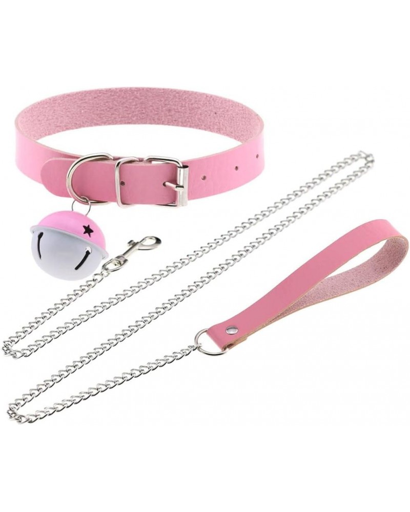 Multicolor PU Simulated Leather Bell Collar Choker Necklace with Detachable Chain Leash Pink $8.25 Necklaces