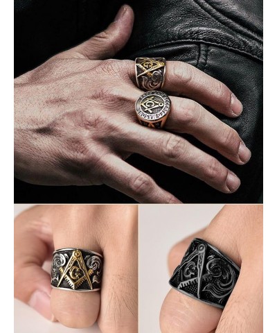 Masonic Signet Rings for Men, Stainless Steel Freemason Jewelry, Punk Biker Thumb Ring with Delicate Packaging 01. Mason-Blac...