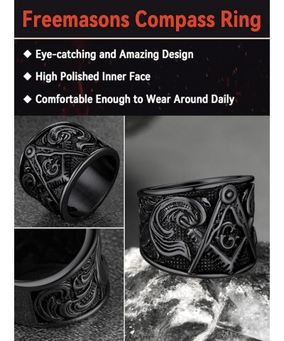 Masonic Signet Rings for Men, Stainless Steel Freemason Jewelry, Punk Biker Thumb Ring with Delicate Packaging 01. Mason-Blac...