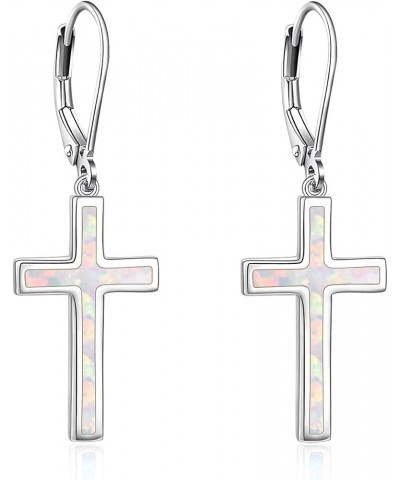 Opal Cross Earrings Sterling Silver Cross Dangle Drop Earring Cross Leverback Earrings Cubic Zirconia Cross Jewelry for Women...