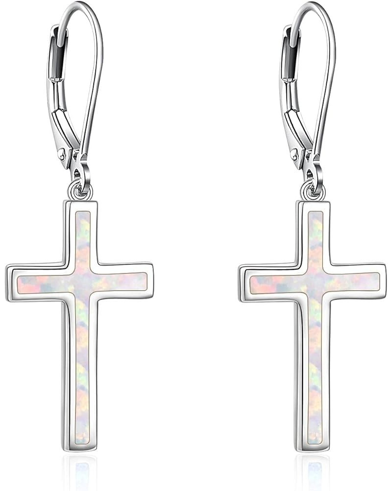 Opal Cross Earrings Sterling Silver Cross Dangle Drop Earring Cross Leverback Earrings Cubic Zirconia Cross Jewelry for Women...