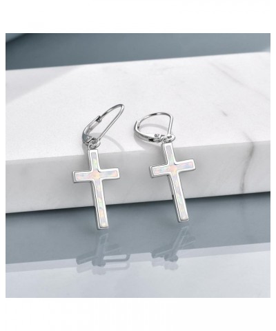 Opal Cross Earrings Sterling Silver Cross Dangle Drop Earring Cross Leverback Earrings Cubic Zirconia Cross Jewelry for Women...