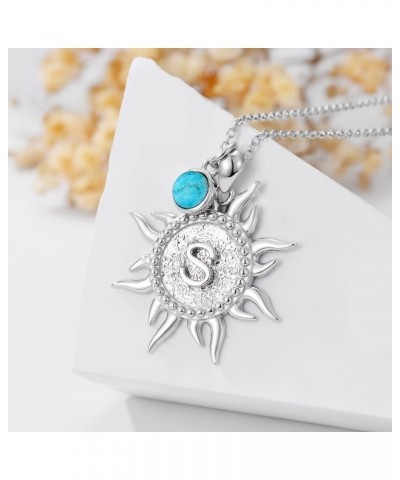 Sun Initial Necklace 925 Sterling Silver Natural Turquoise A to Z Letters Sun Pendant 26 Alphabet Jewelry Gifts for Women Gir...