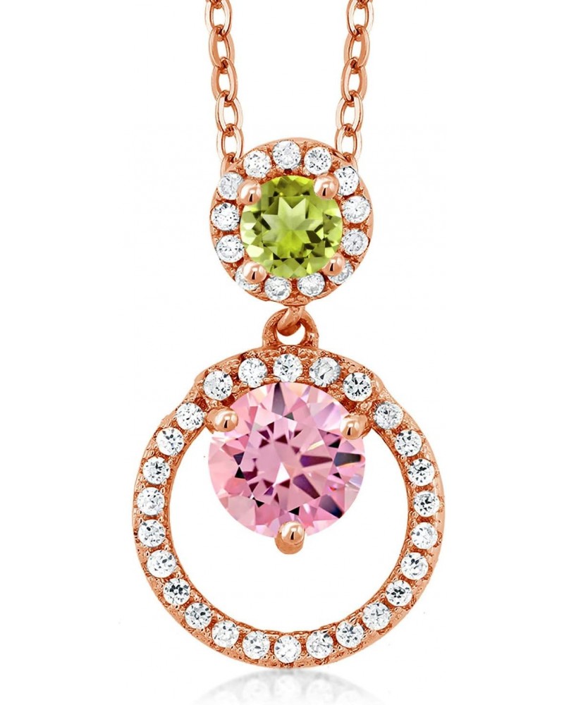 18K Rose Gold Plated Silver Pink Zirconia and Green Peridot Pendant Necklace For Women (2.40 Cttw, Gemstone, Round 6MM and 4M...