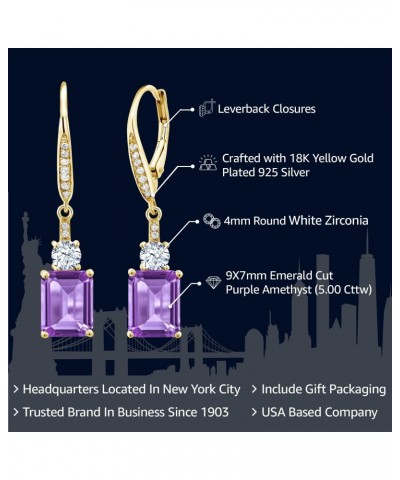 18K Yellow Gold Plated Silver Purple Amethyst Dangle Earrings For Women (5.00 Cttw, Gemstone February Birthstone, Emerald Cut...