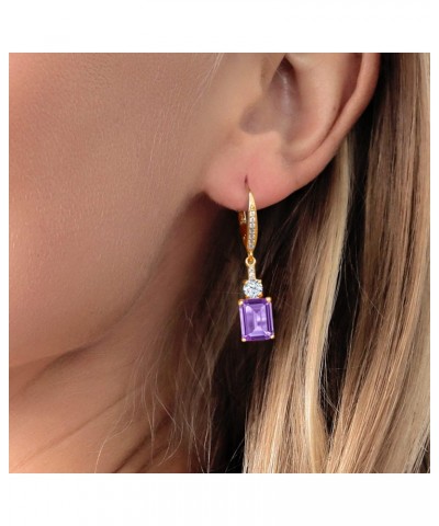 18K Yellow Gold Plated Silver Purple Amethyst Dangle Earrings For Women (5.00 Cttw, Gemstone February Birthstone, Emerald Cut...