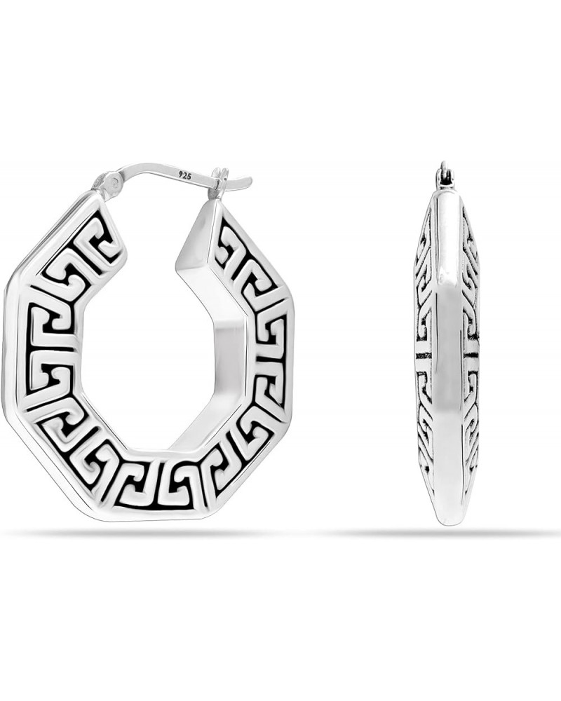 925 Sterling Silver Greek Wall Cut-Out Pattern Click-Top Light-Weight Hoop Earrings for Women Teen Octagon Greek $14.08 Earrings