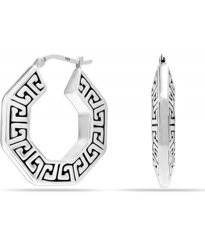 925 Sterling Silver Greek Wall Cut-Out Pattern Click-Top Light-Weight Hoop Earrings for Women Teen Octagon Greek $14.08 Earrings