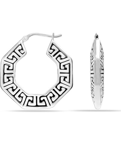 925 Sterling Silver Greek Wall Cut-Out Pattern Click-Top Light-Weight Hoop Earrings for Women Teen Octagon Greek $14.08 Earrings