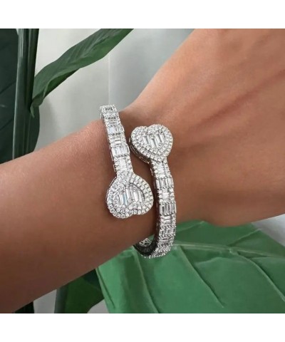 New Full Paved 5A Cubic Zirconia Iced Out Bling CZ Double Heart Shaped Open Bangle For Women silver 8 inches $12.50 Bracelets