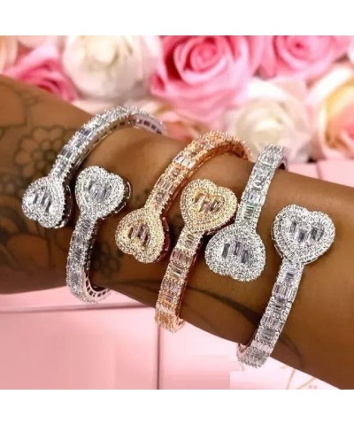 New Full Paved 5A Cubic Zirconia Iced Out Bling CZ Double Heart Shaped Open Bangle For Women silver 8 inches $12.50 Bracelets