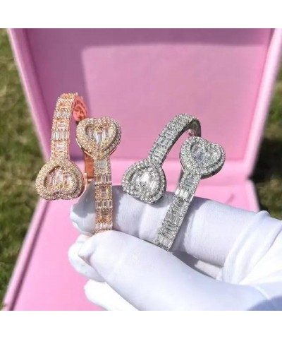 New Full Paved 5A Cubic Zirconia Iced Out Bling CZ Double Heart Shaped Open Bangle For Women silver 8 inches $12.50 Bracelets