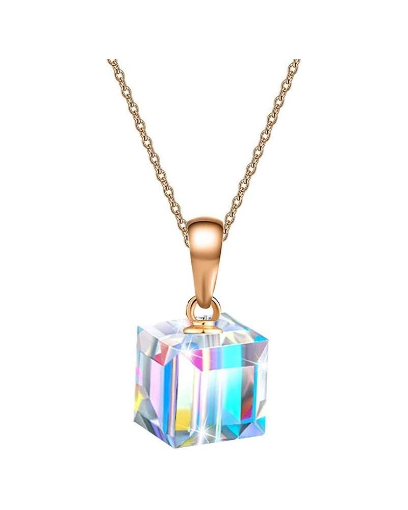 Austrian Crystal Cube Pendant Necklaces for Women 14K Gold Plated Hypoallergenic Dainty Jewelry Aurora Borealis $11.50 Necklaces