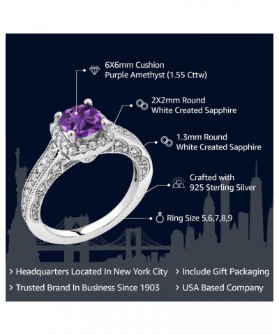 925 Sterling Silver Purple Amethyst and White Created Sapphire Women Engagement Ring (1.55 Ct Cushion 6MM, Gemstone Birthston...