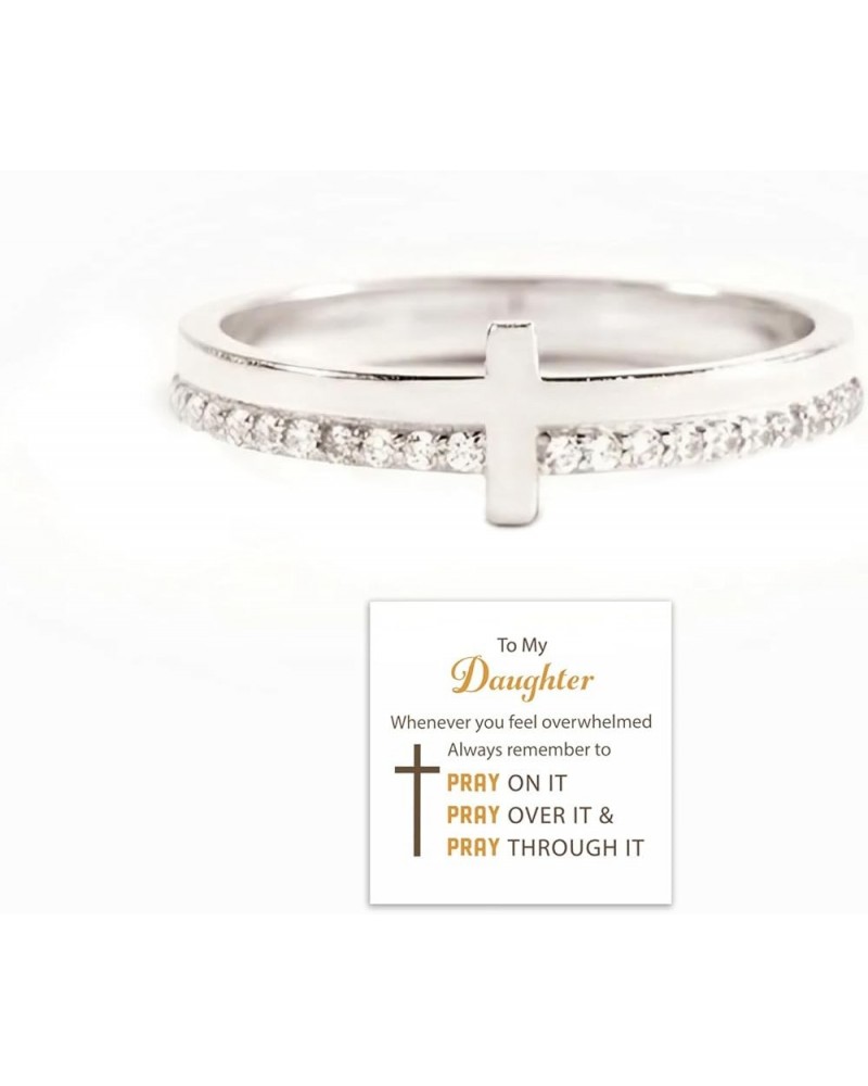 Never Quit Golden Cross Ring, To My Daughter Pray On It Golden Cross Ring, Stackable Zircon Motivational Cross Ring, Pray Chr...