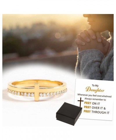 Never Quit Golden Cross Ring, To My Daughter Pray On It Golden Cross Ring, Stackable Zircon Motivational Cross Ring, Pray Chr...