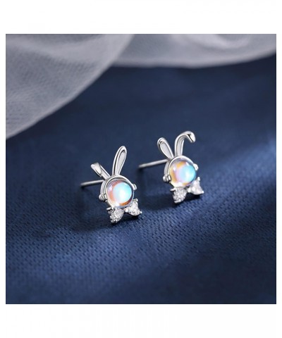 Solid 925 Sterling Silver CZ Bunny Earrings Studs for Women Teen Girls Moonstone Rabbit Studs Earrings Cute Animal Earrings H...