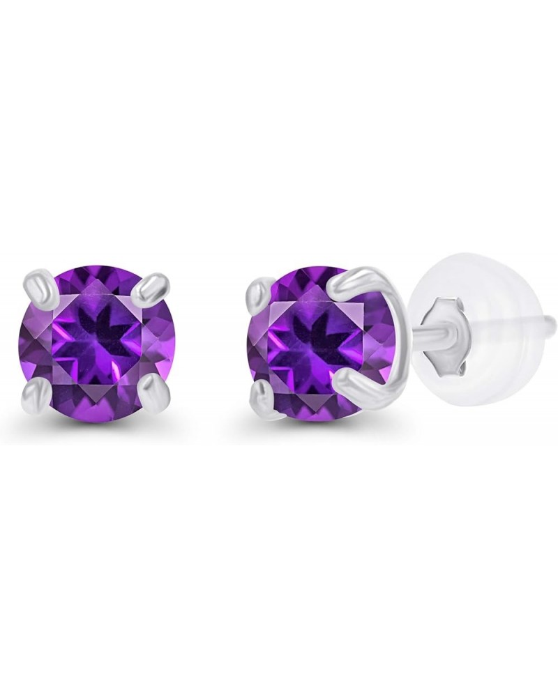 Solid 925 Sterling Silver Gold Plated 3mm Round Genuine Gemstone Birthstone Stud Earrings For Women Amethyst Sterling Silver ...