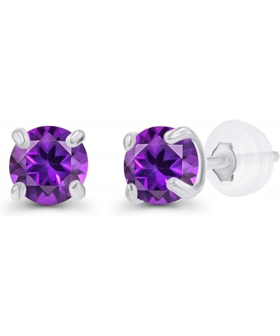 Solid 925 Sterling Silver Gold Plated 3mm Round Genuine Gemstone Birthstone Stud Earrings For Women Amethyst Sterling Silver ...