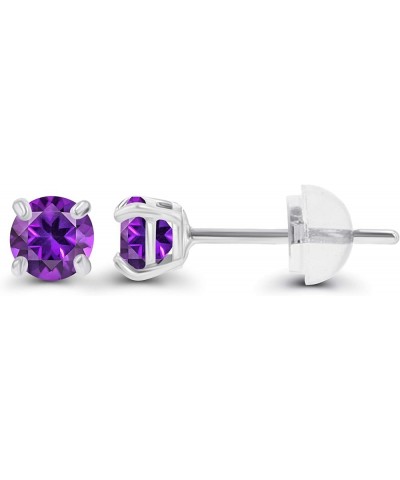 Solid 925 Sterling Silver Gold Plated 3mm Round Genuine Gemstone Birthstone Stud Earrings For Women Amethyst Sterling Silver ...