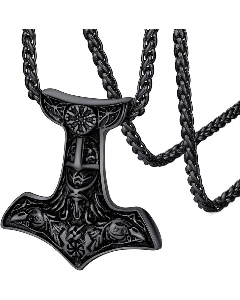 Viking Thor's Hammer Talisman Necklace for Men, Vintage Norse Mjolnir Amulet Pendant with Sturdy Wheat Chain, Stainless Steel...