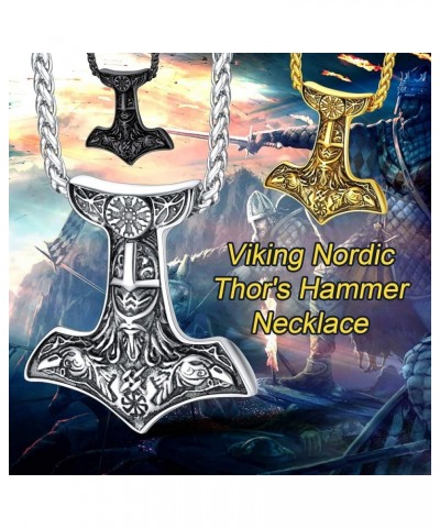 Viking Thor's Hammer Talisman Necklace for Men, Vintage Norse Mjolnir Amulet Pendant with Sturdy Wheat Chain, Stainless Steel...