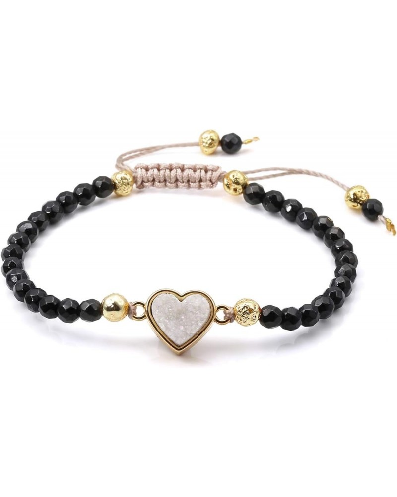 Womens Girls 4mm Beads Chakra Healing Crystal Bracelet Gold Lava Rock Stone Adjustable Bracelets With Heart Shape Druzy Charm...